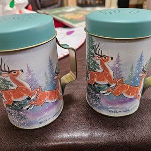 vintage snowy winter deer salt and pepper shakers with box